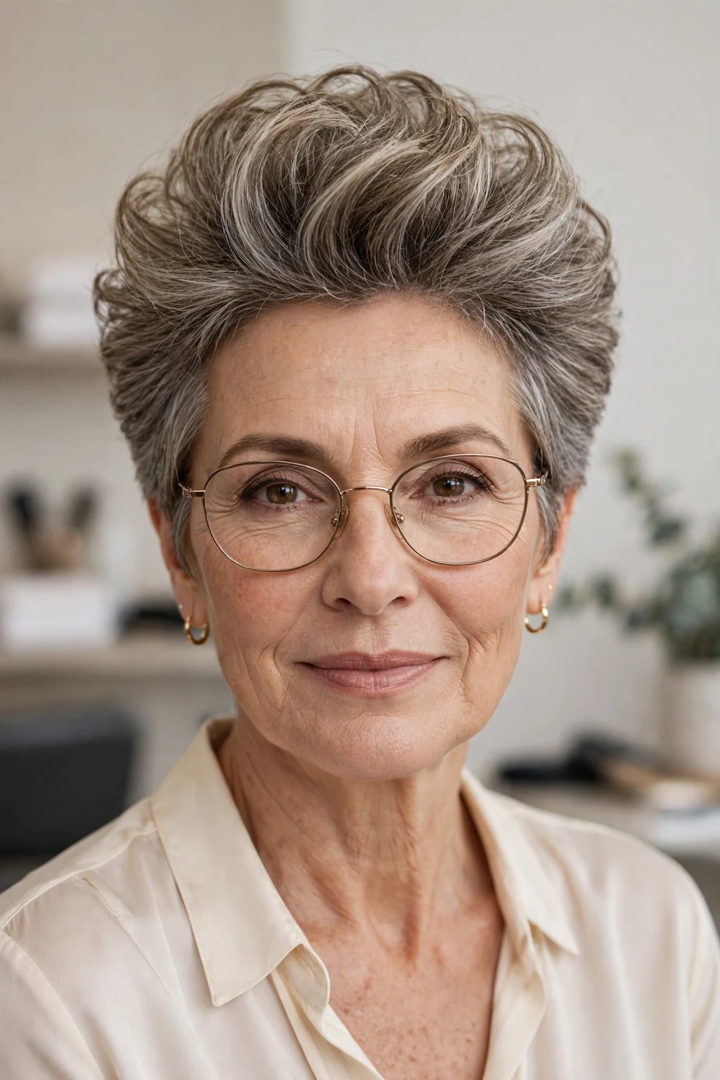 Elegant woman over 50 with glasses and short hair with volume crown, lifted soft top, glamorous light.