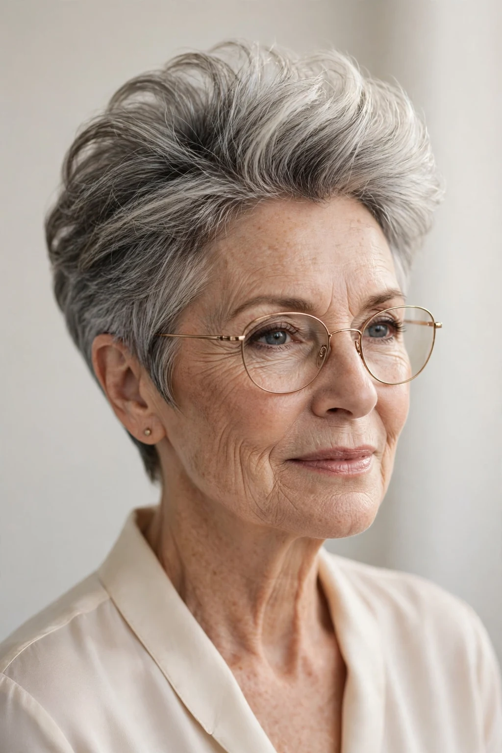 Elegant woman over 60 with glasses and short hair with volume crown, lifted soft top, glamorous light.