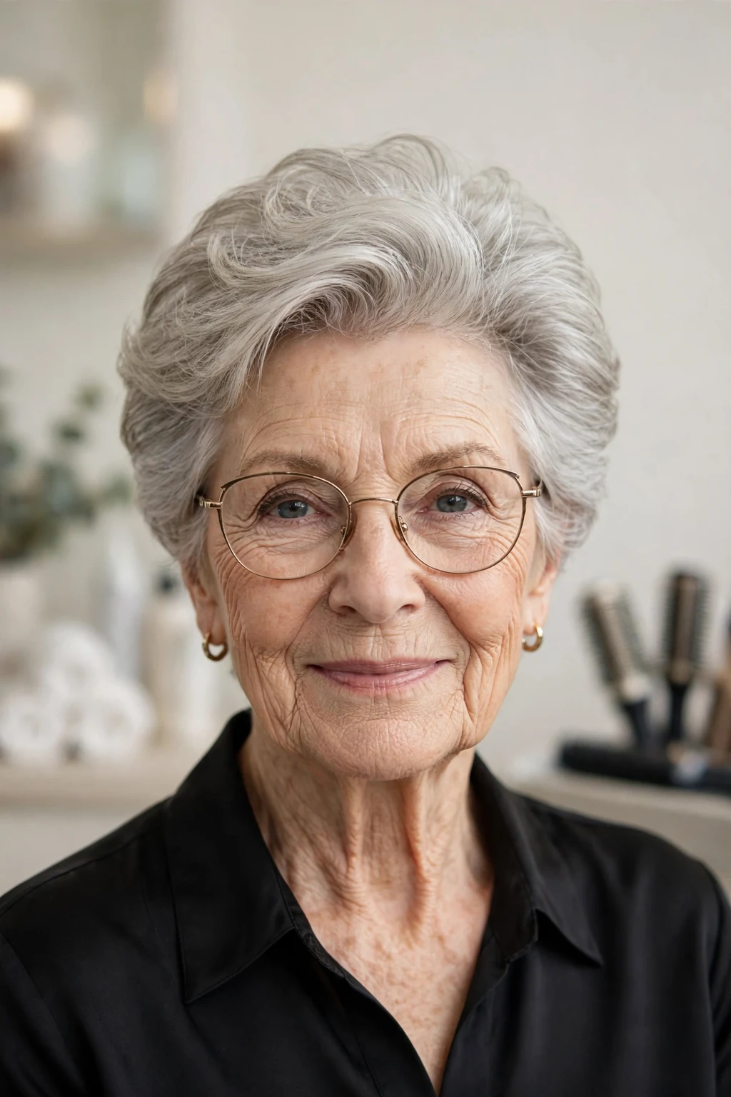 Elegant woman over 70 with glasses and short hair with volume crown, lifted soft top, glamorous light.