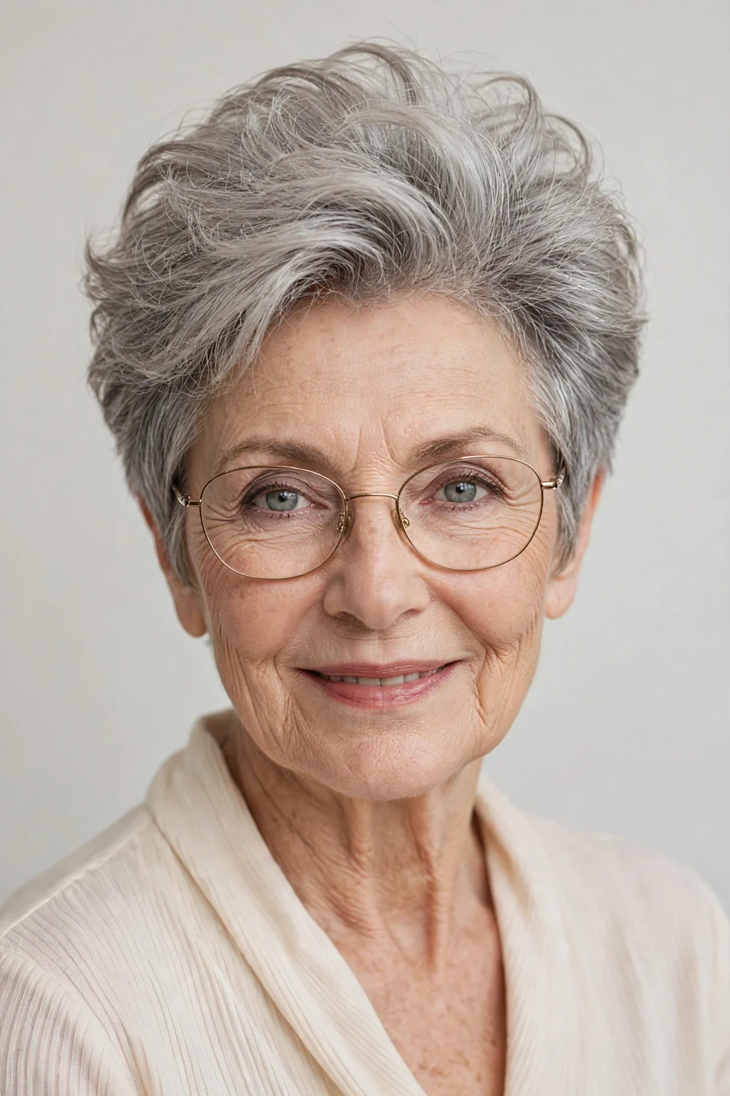 Elegant woman over 60 with fine hair and glasses and short hair with volume crown, lifted soft top, glamorous light.