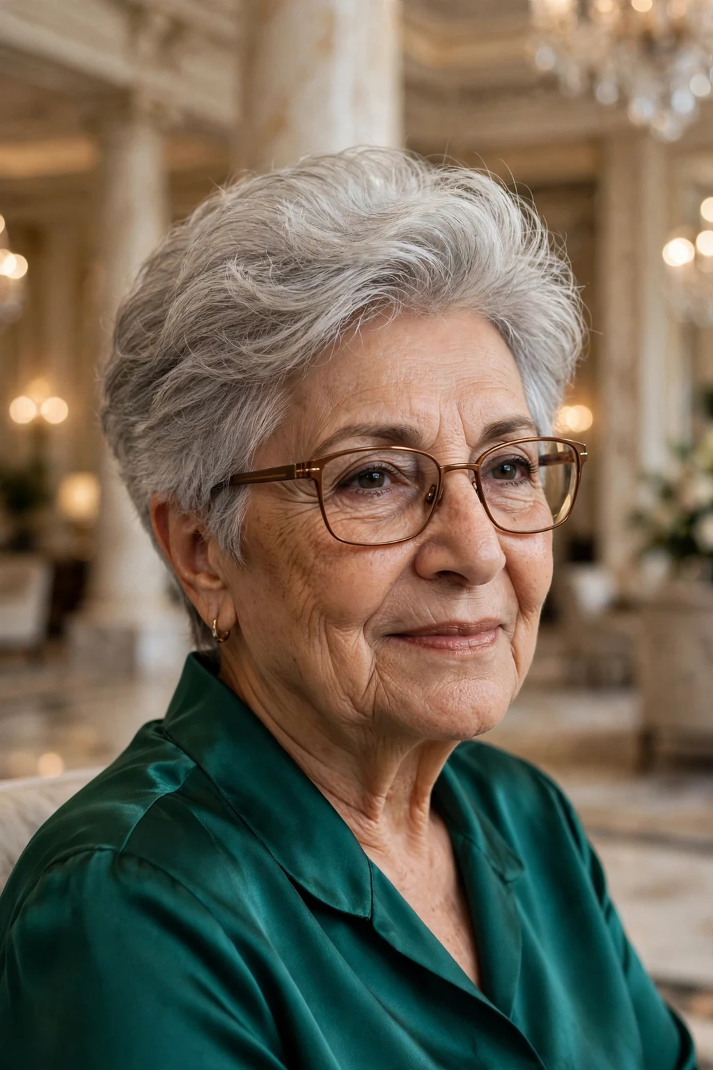 Elegant older woman over 70 with fine hair and glasses and short hair with volume crown, lifted soft top, glamorous light.