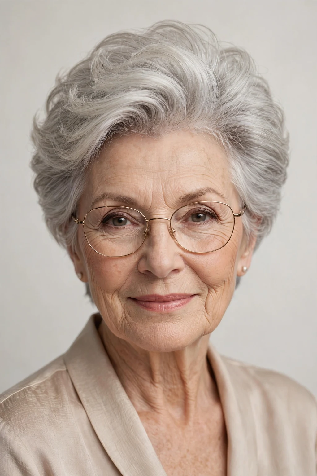 Elegant older woman with glasses and short hair with volume crown, lifted soft top, glamorous light.
