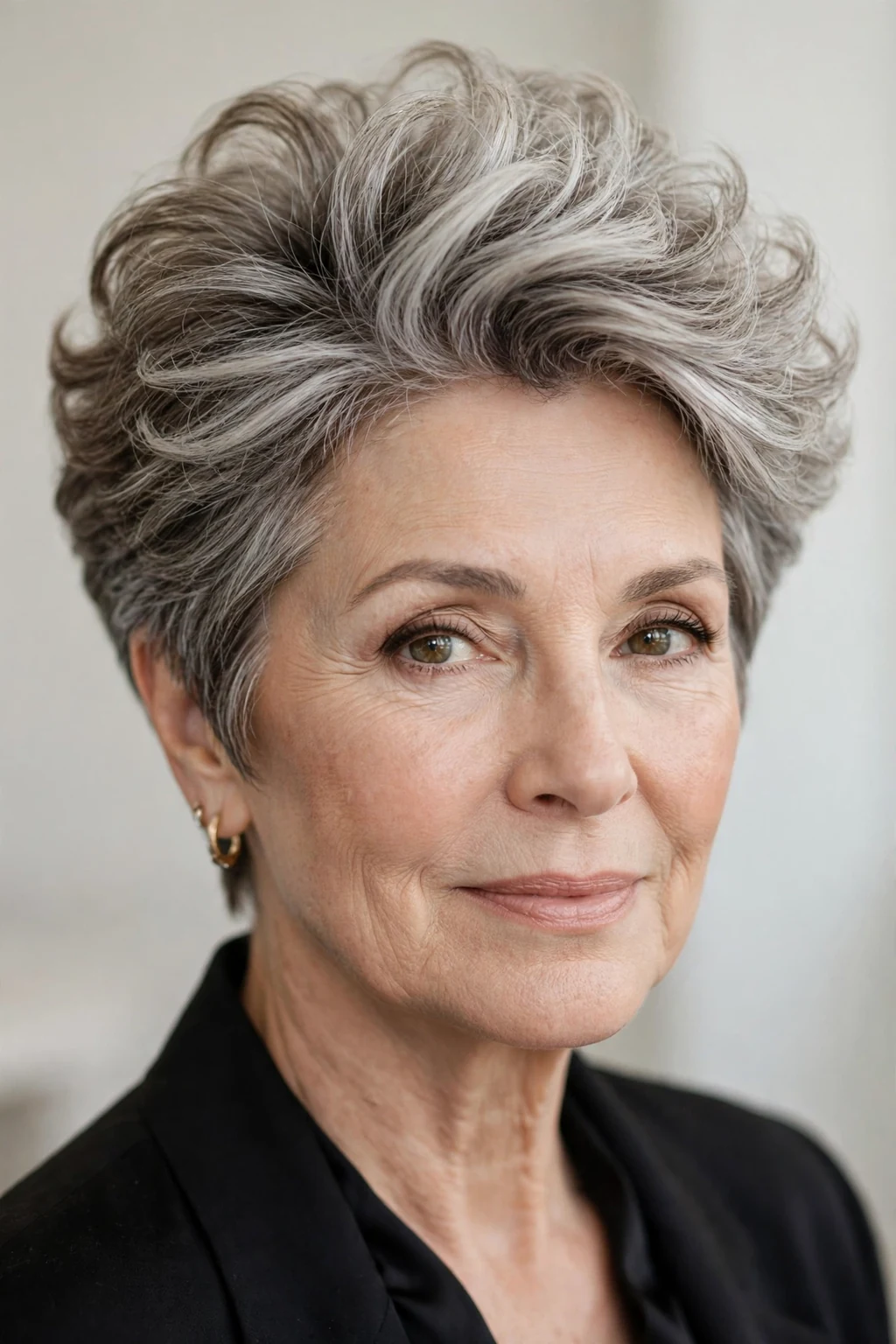Elegant older woman over 50 with short hair with volume crown, lifted bouncy top, glamorous light.