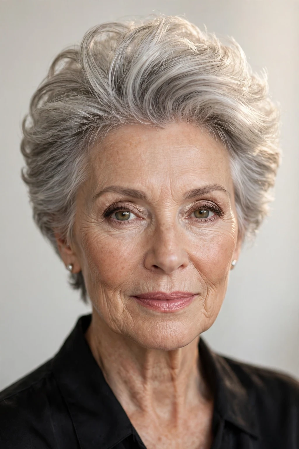 Elegant older woman over 60 with short hair with volume crown, lifted soft top, glamorous light.