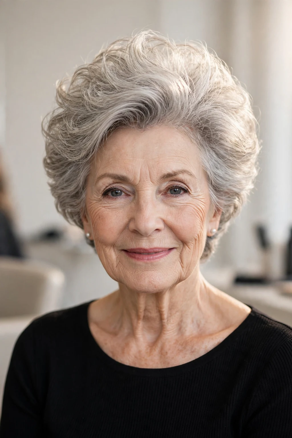 Elegant older woman with short hair with volume crown, lifted soft top, glamorous light.