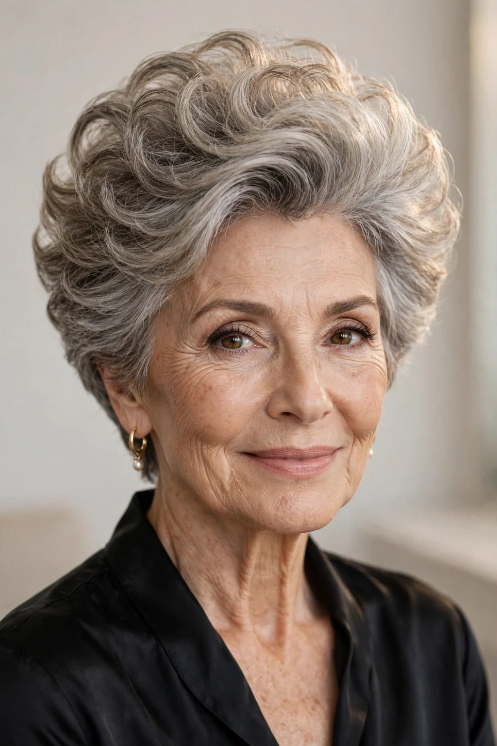 Elegant woman over 60 with short hair with volume crown, lifted bouncy top, glamorous light.