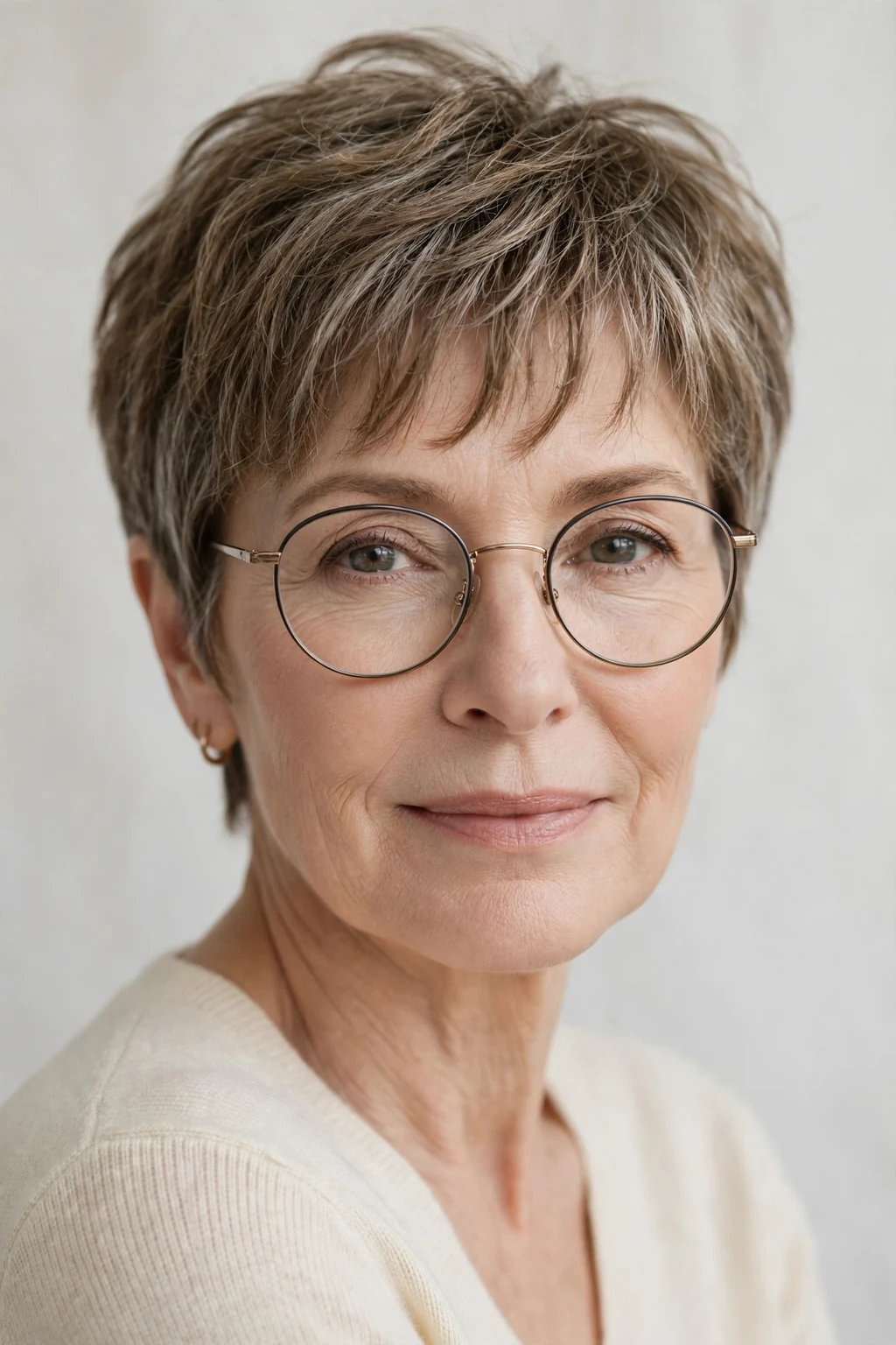 Elegant woman over 50 with glasses and short cut with wispy fringe, delicate airy bangs, gentle light.