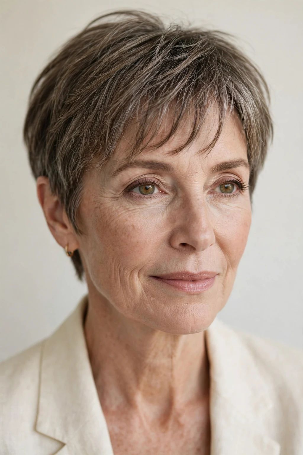 Elegant woman over 50 with short hair with wispy fringe, delicate airy bangs, gentle light.