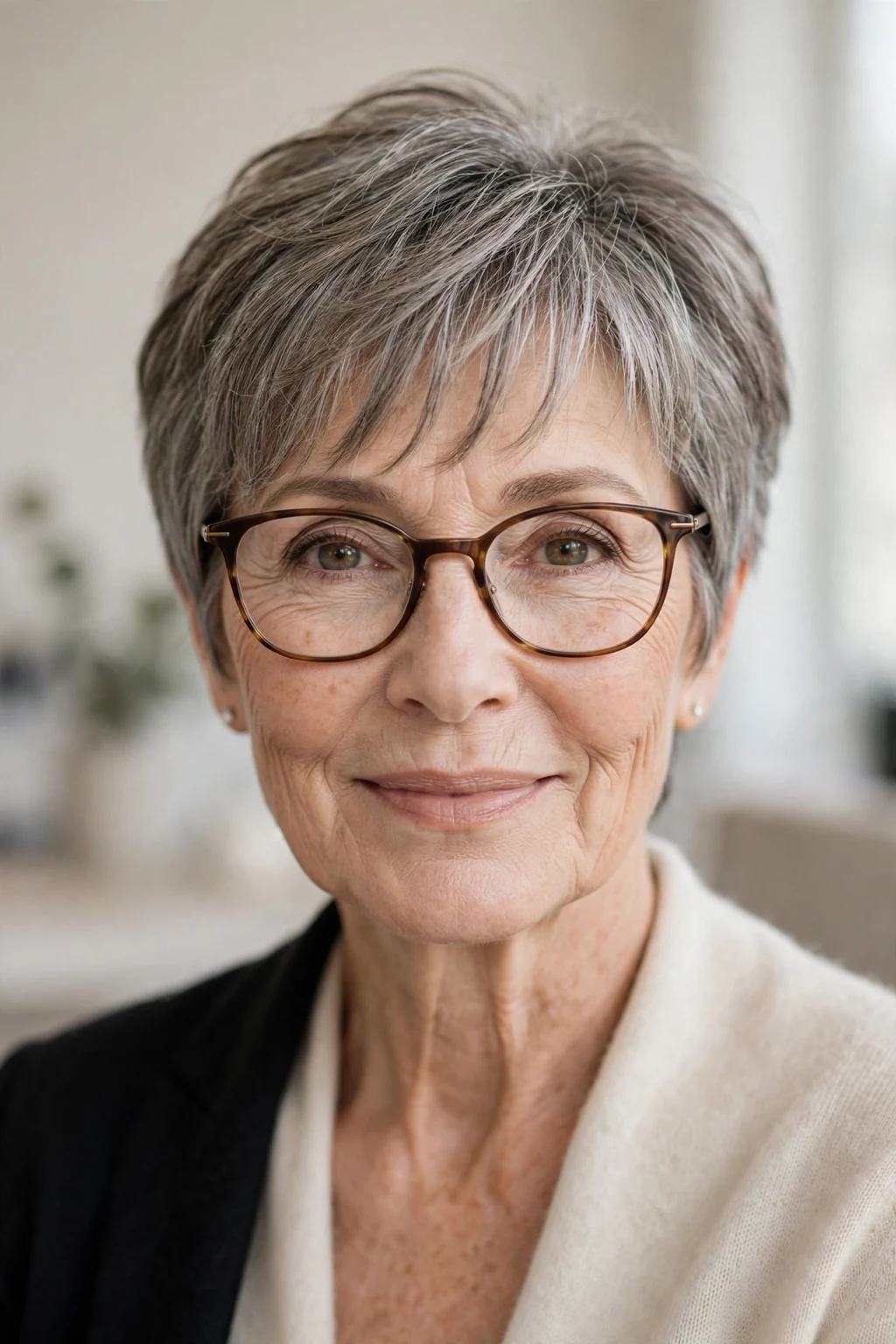 Elegant woman over 60 with glasses and short cut with wispy fringe, delicate airy bangs, gentle light.