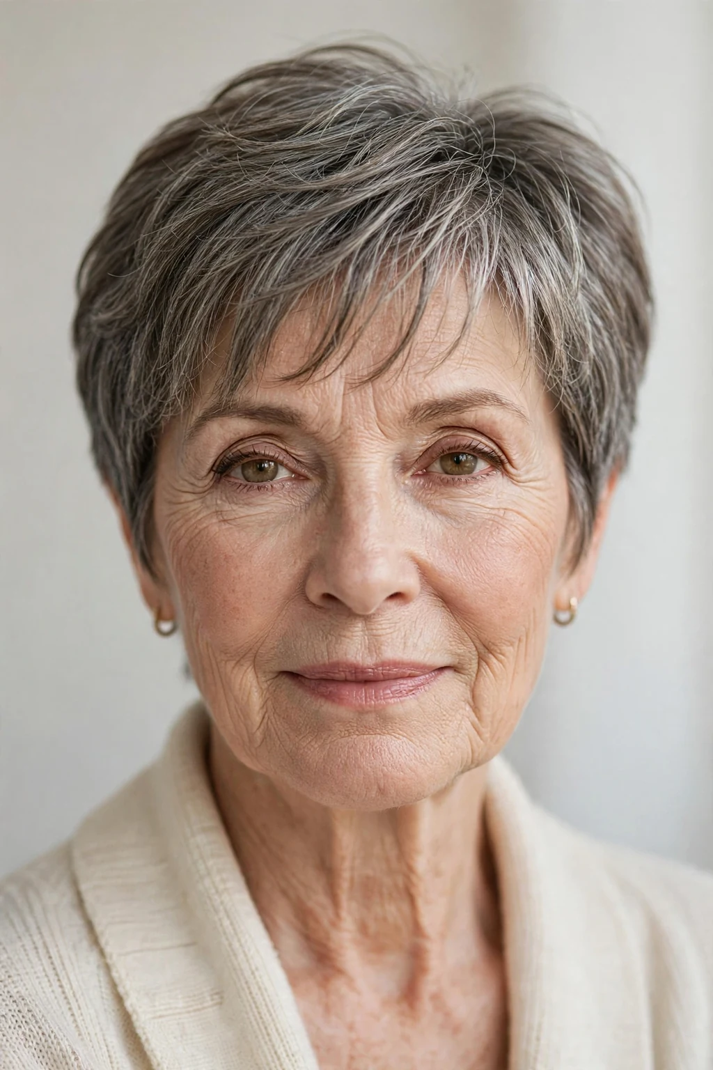 Elegant woman over 60 with short hair with wispy fringe, delicate airy bangs, gentle light.