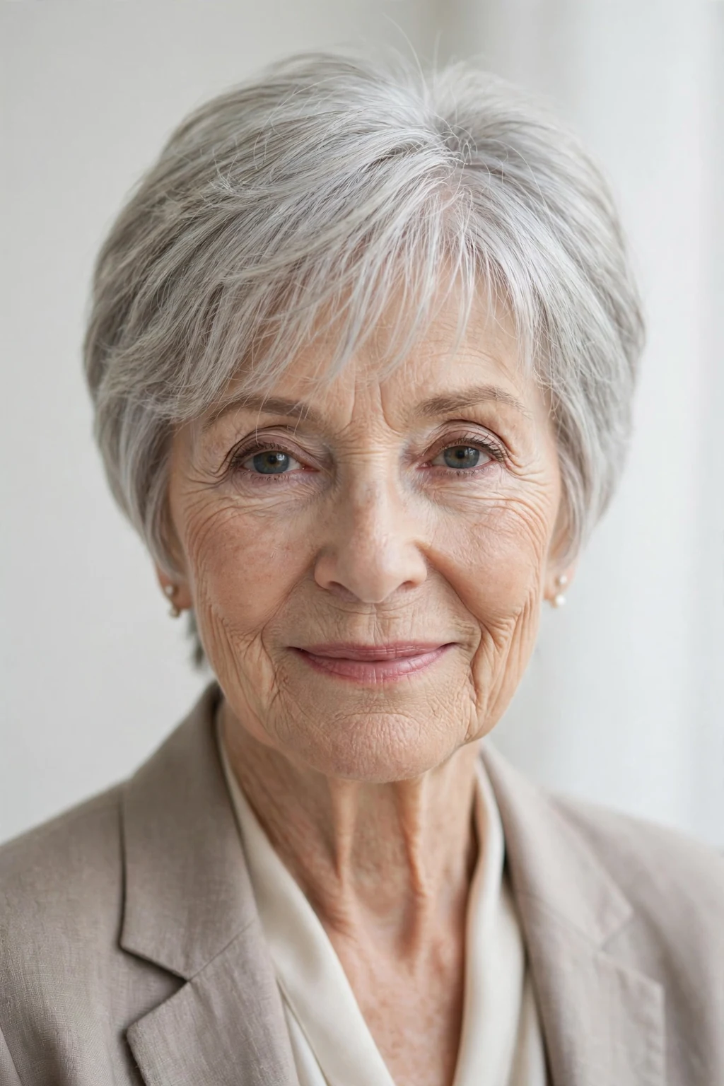 Elegant woman over 70 with short hair with wispy fringe, delicate airy bangs, gentle light.