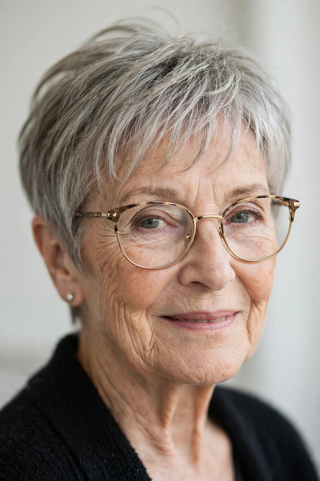Elegant woman over 70 with glasses and short hair with wispy fringe, delicate airy bangs, gentle light.