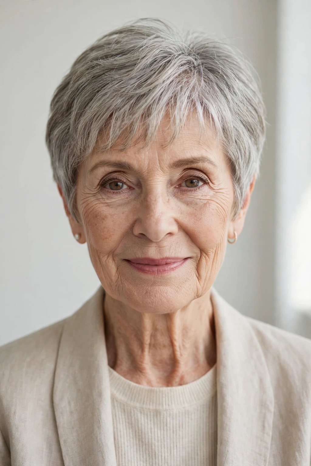 Elegant woman over 70 with short cut and wispy fringe, delicate airy bangs, gentle light.