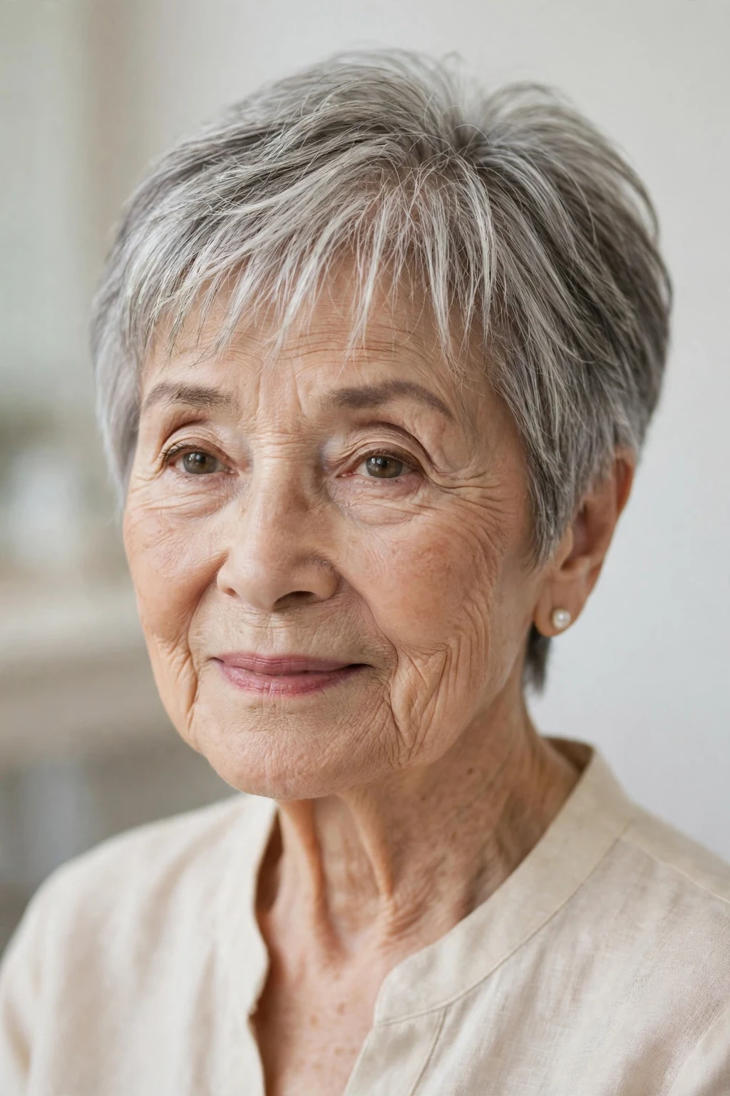 Elegant woman over 80 with short hair with wispy fringe, delicate airy bangs, gentle light.