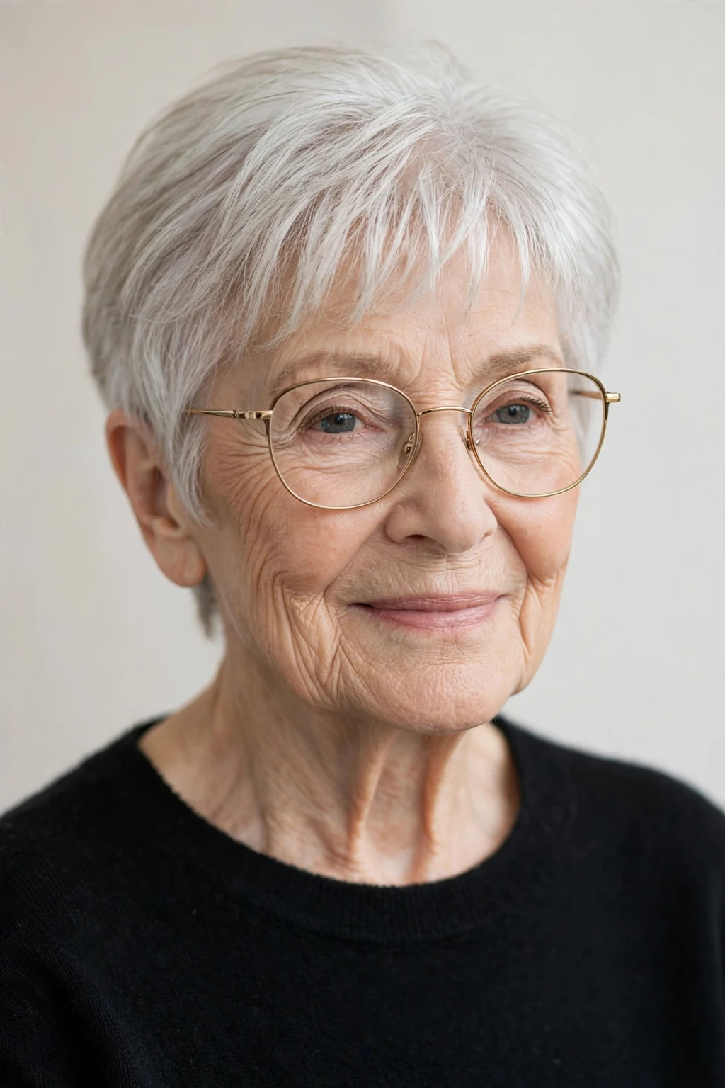Elegant woman over 80 with glasses and short hair with wispy fringe, delicate airy bangs, gentle light.