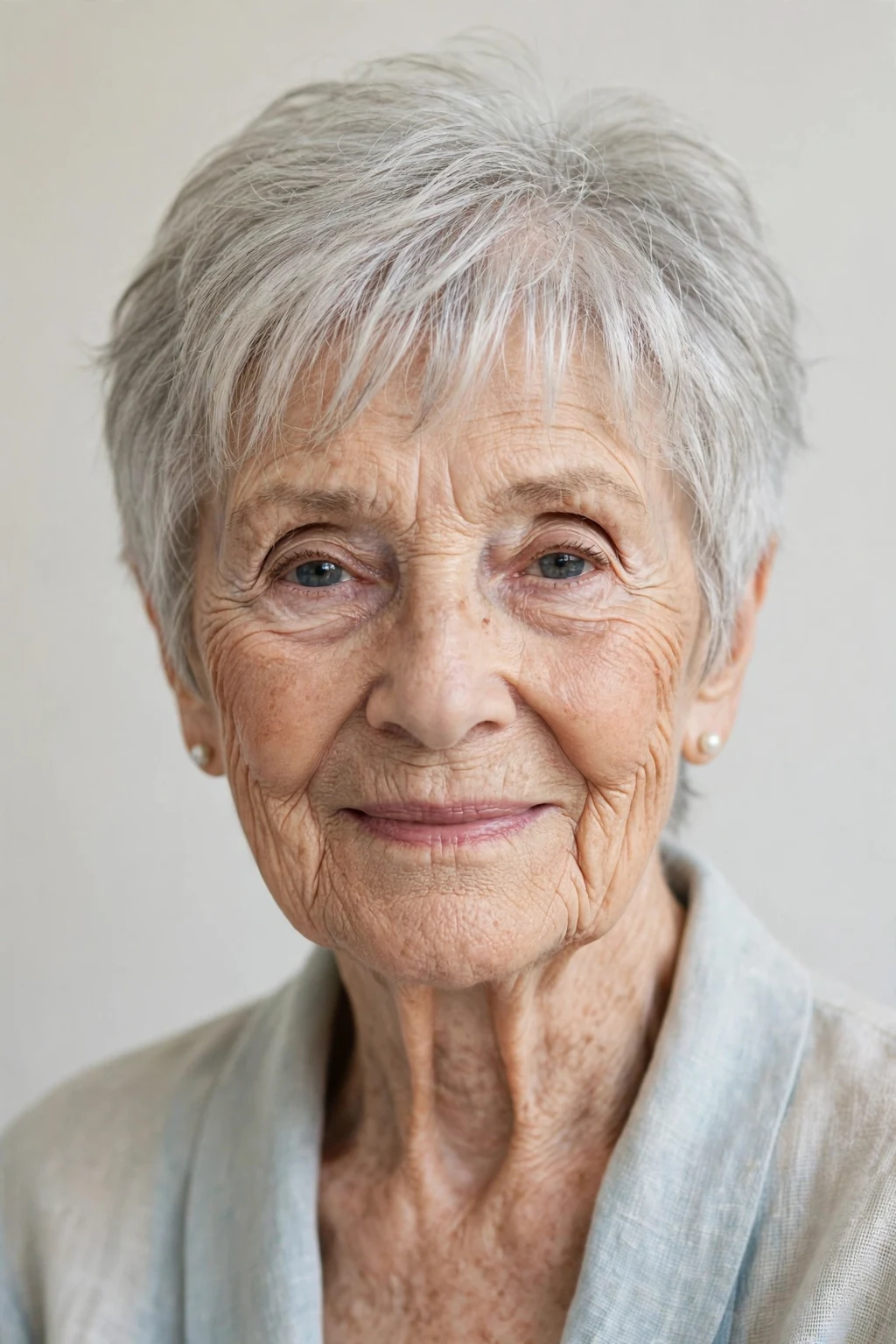 Elegant woman over 80 with short cut and wispy fringe, delicate airy bangs, gentle light.