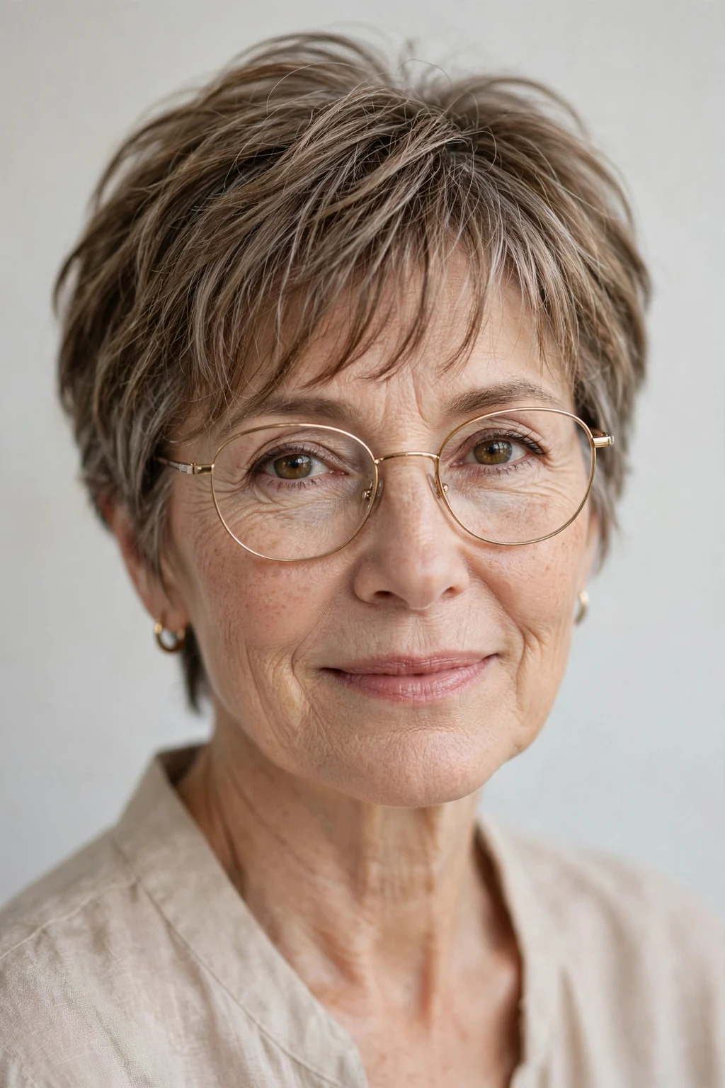 Elegant woman over 50 with glasses and short hair with wispy fringe, delicate airy bangs, gentle light.