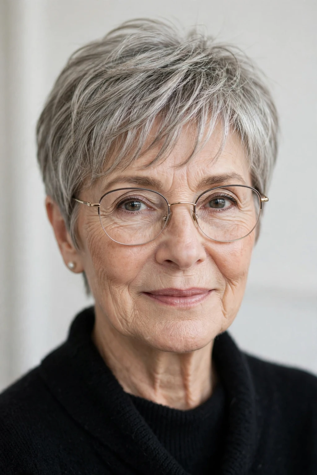 Elegant woman over 60 with glasses and short hair with wispy fringe, delicate airy bangs, gentle light.