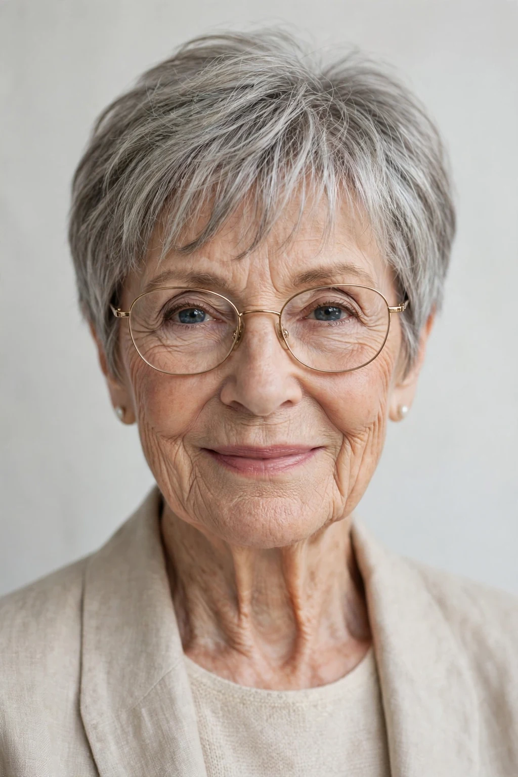 Elegant woman over 70 with glasses and short hair with wispy fringe, delicate airy bangs, gentle light.