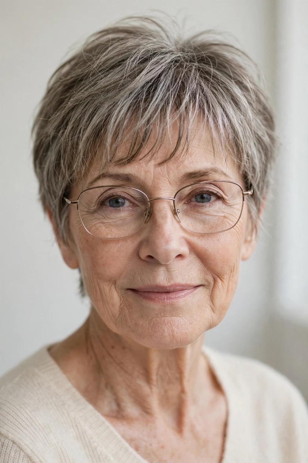 Elegant woman over 60 with fine hair and glasses and short hair with wispy fringe, delicate airy bangs, gentle light.