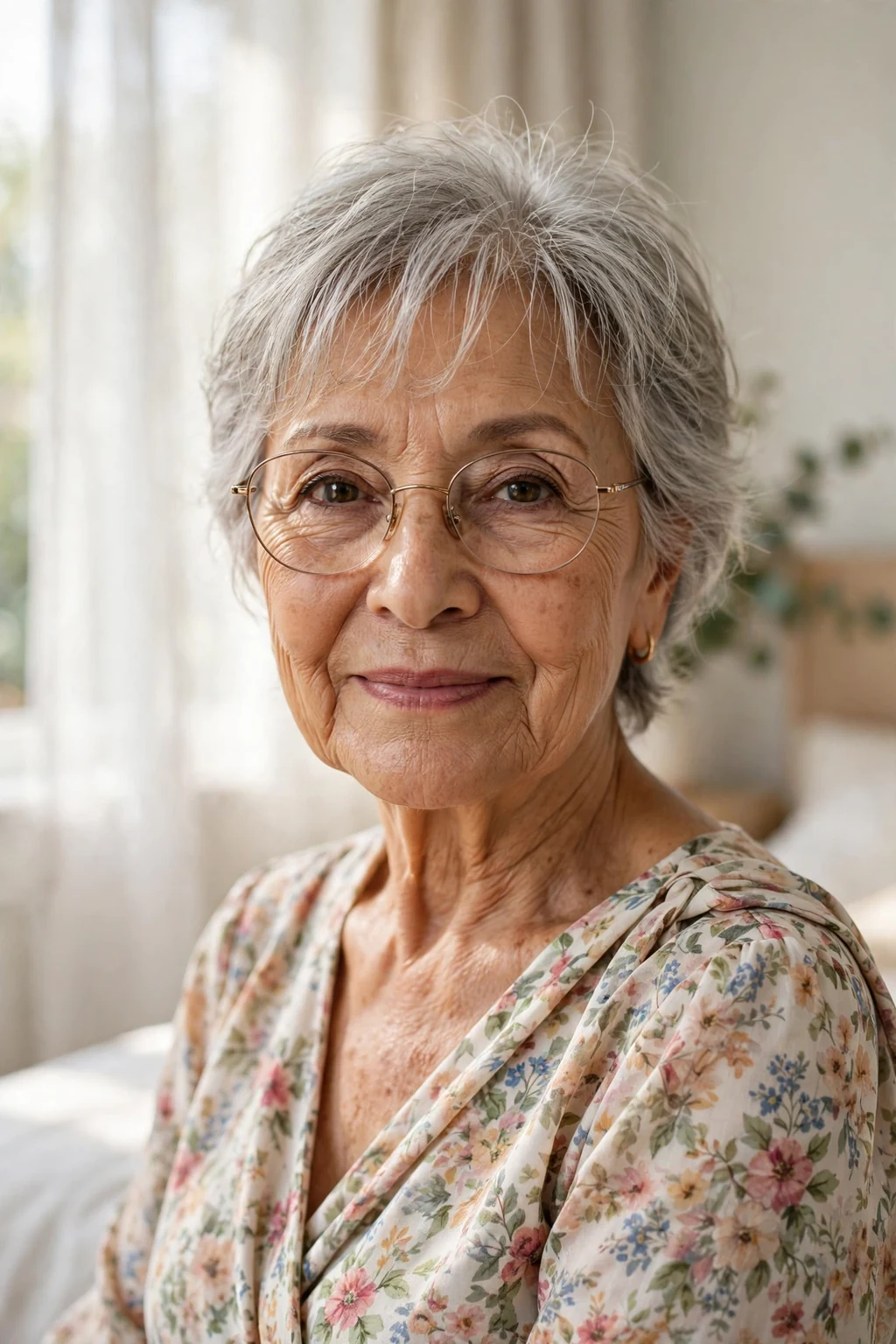 Elegant older woman over 70 with fine hair and glasses and short hair with wispy fringe, delicate airy bangs, gentle light.