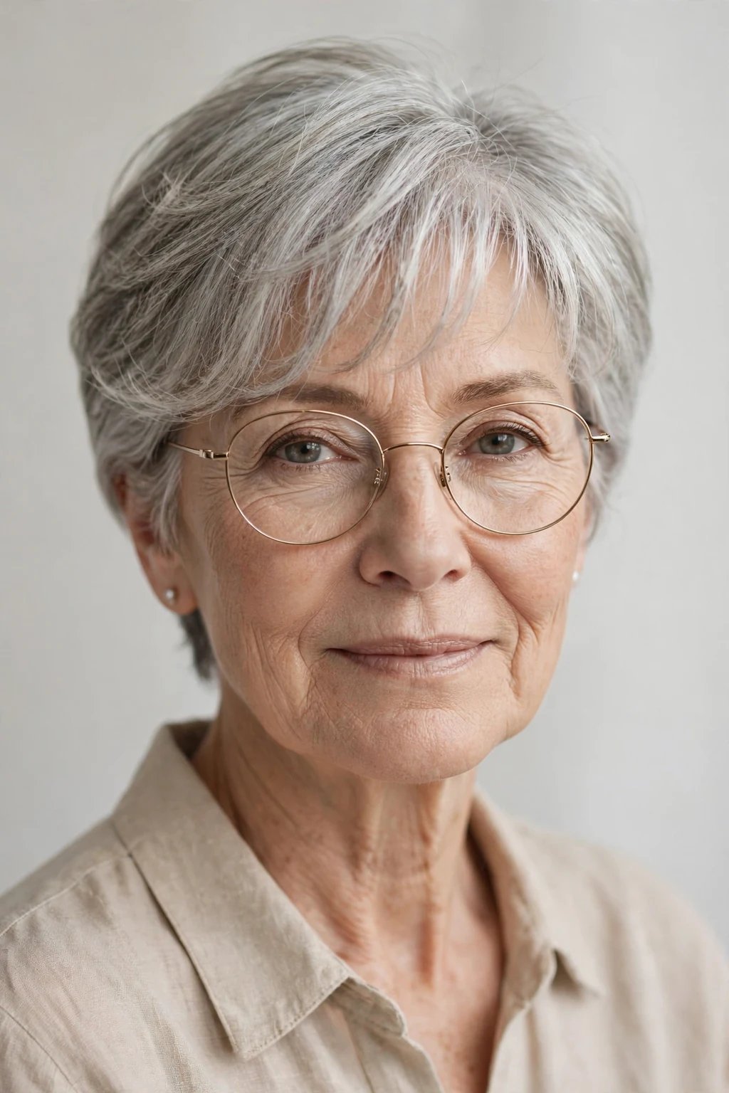 Elegant older woman with glasses and short hair with wispy fringe, delicate airy bangs, gentle light.