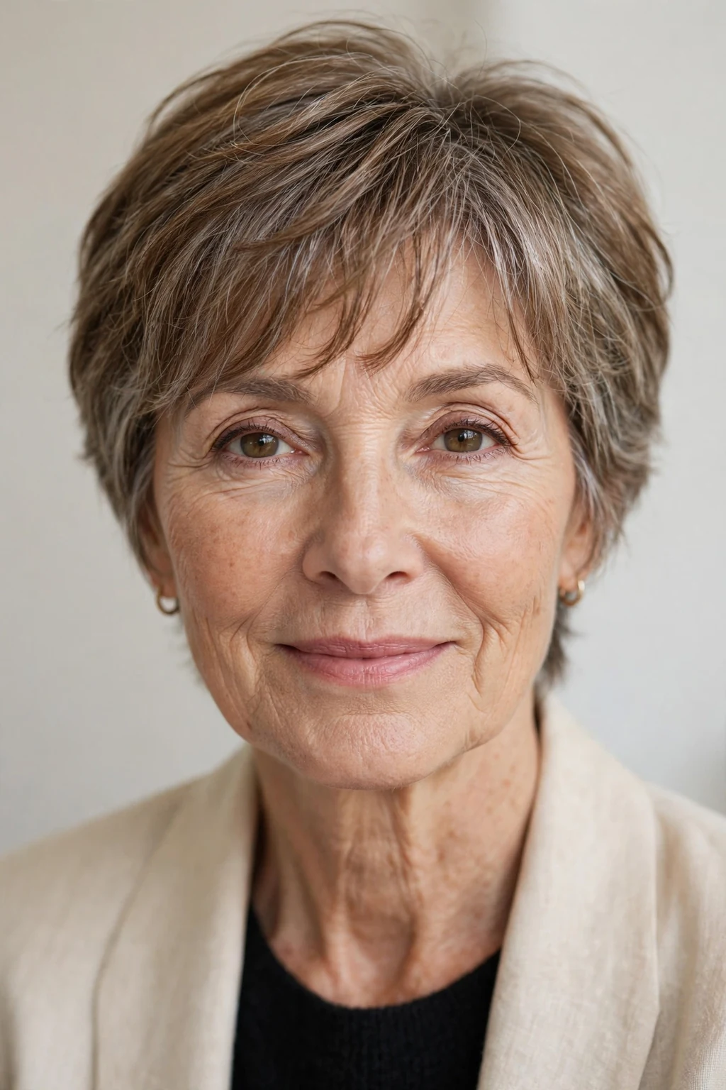 Elegant older woman over 50 with short hair with wispy fringe, delicate airy bangs, gentle light.
