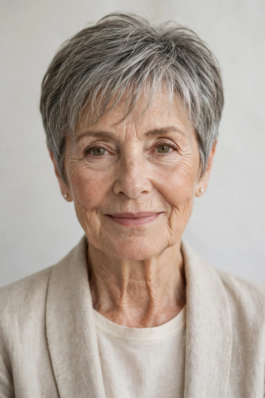 Elegant older woman over 60 with short hair with wispy fringe, delicate airy bangs, gentle light.