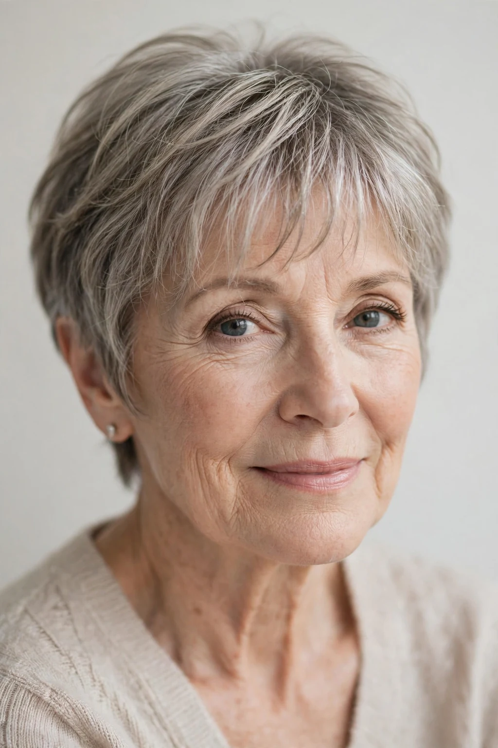 Elegant older woman with short hair with wispy fringe, delicate airy bangs, gentle light.