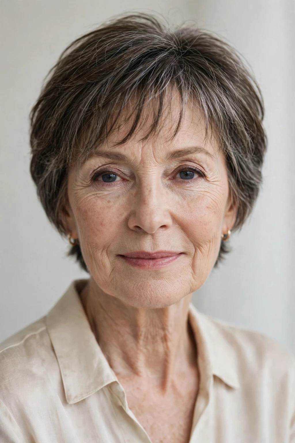 Elegant woman over 60 with short hair with wispy fringe, delicate airy bangs, gentle light.
