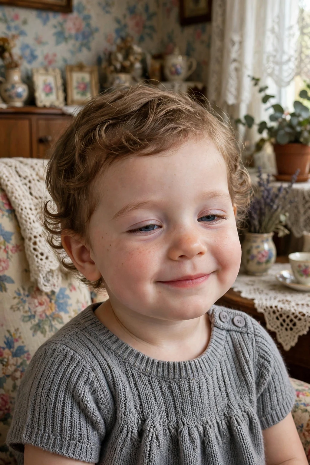 A toddler girl with short curly cut hairstyle, wearing grey knit dress, in grandmother's living room.
