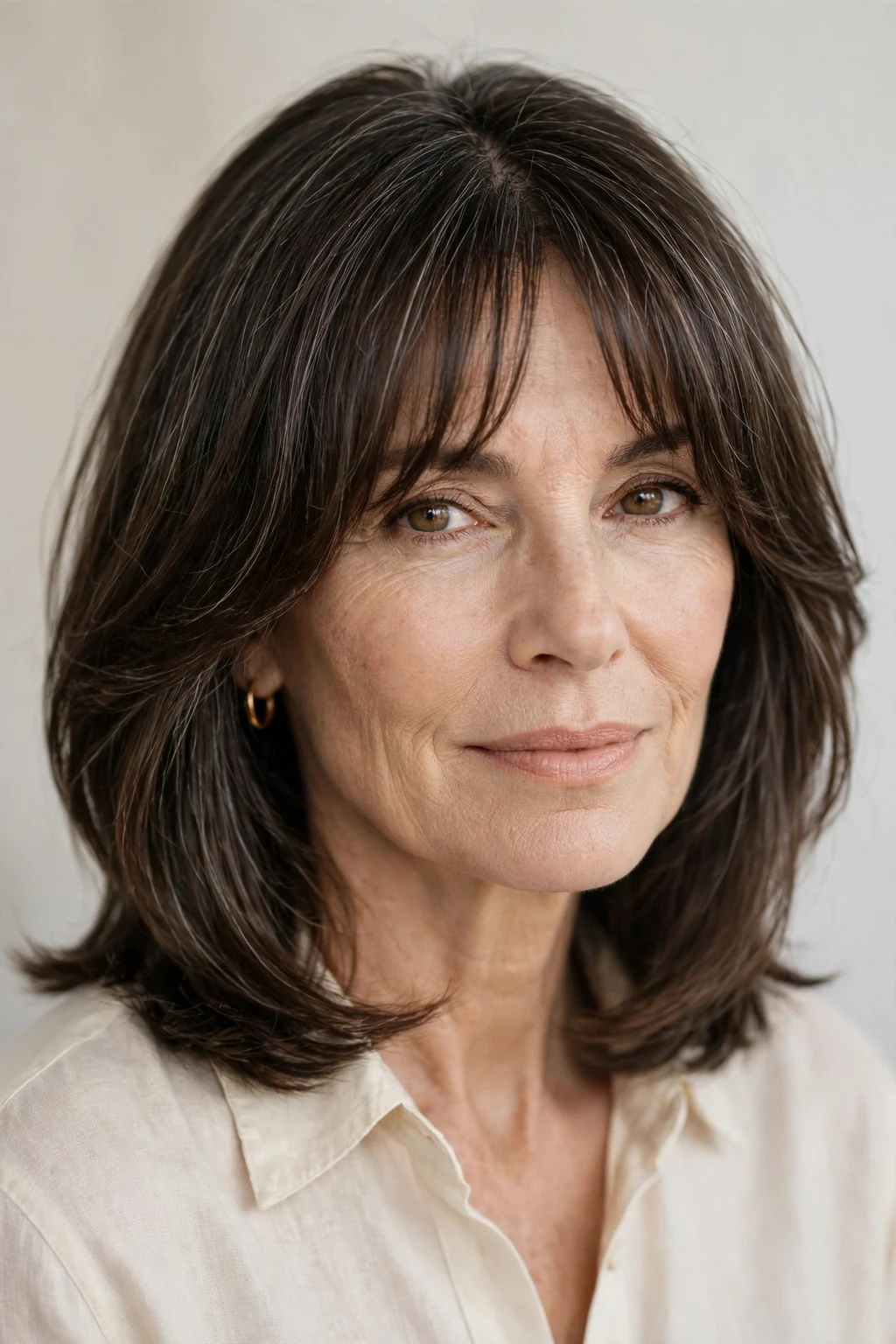 Elegant older woman with shoulder cut and curtain bangs, soft parted fringe, flattering light.