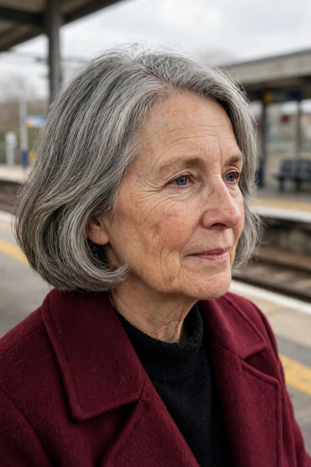 A mature Caucasian woman in her sixties with a shoulder-grazing gray bob, wearing a burgundy coat on a train platform.