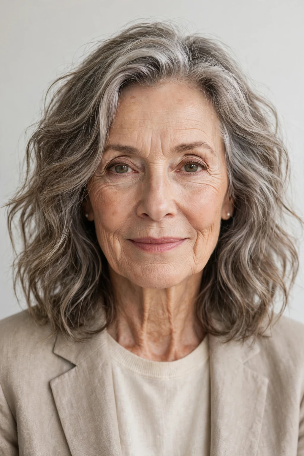 Elegant woman over 70 with shoulder-length air-dried texture, natural flowing waves, fresh light.