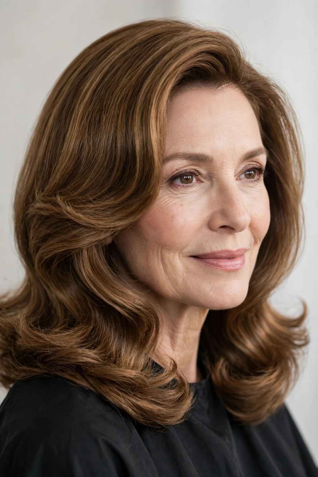 Woman over 40 with shoulder-length blowout, smooth bouncy salon finish, glamorous light.