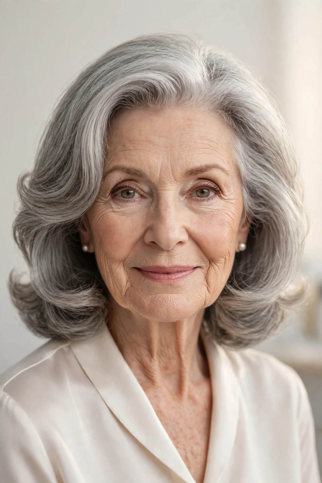 Elegant woman over 70 with shoulder-length blowout, luminous smooth finish, glamorous light.