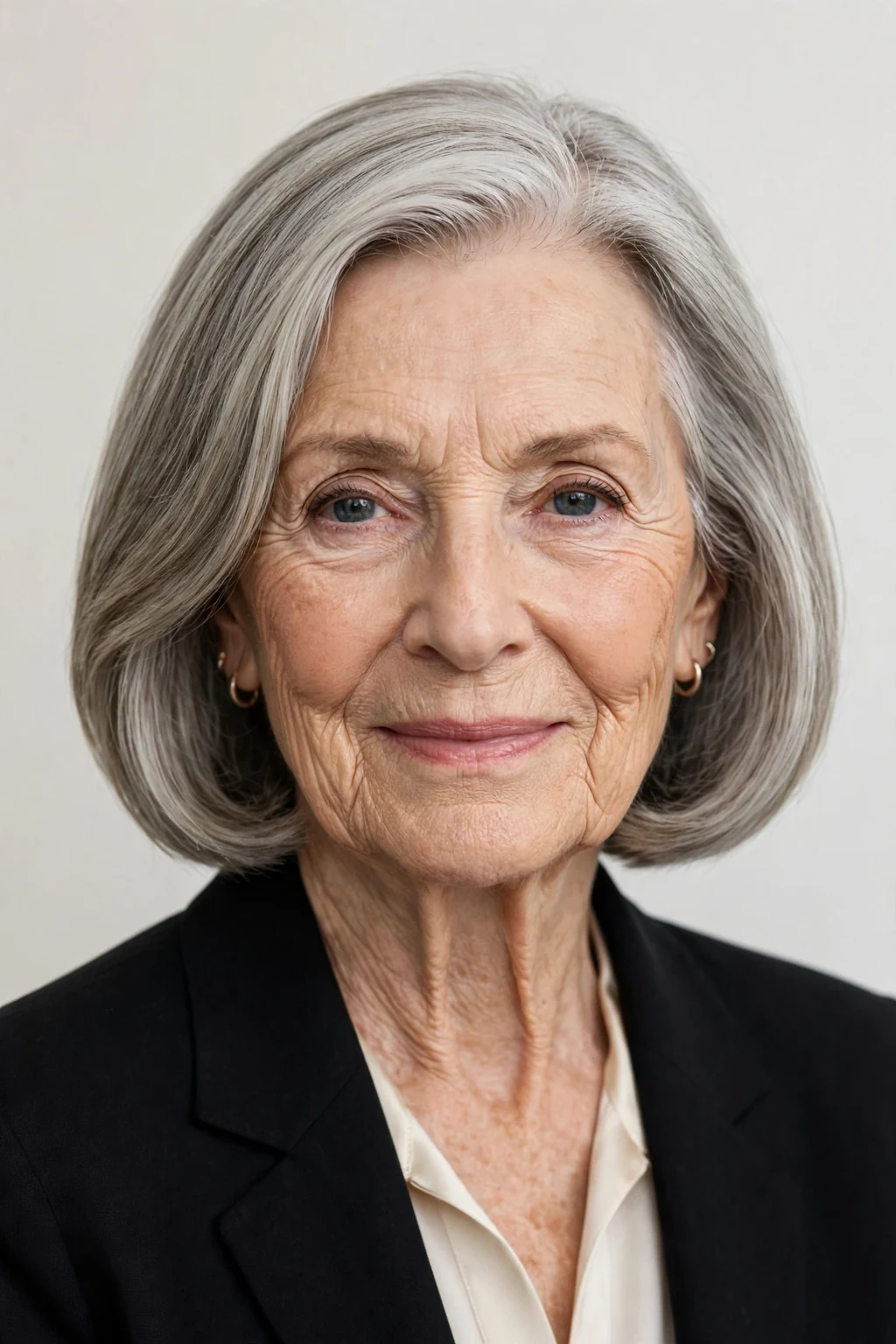 Elegant woman over 70 with shoulder-length bob, chic elegant cut, refined light.