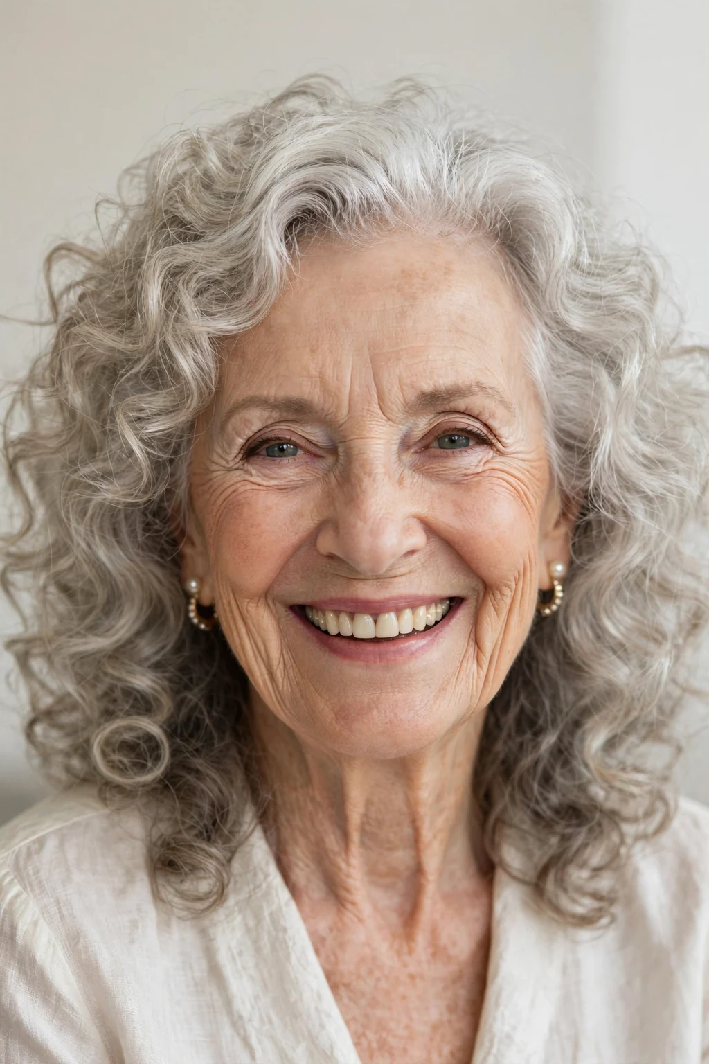 Elegant woman over 70 with shoulder-length bouncy curls, joyful full curls, bright light.