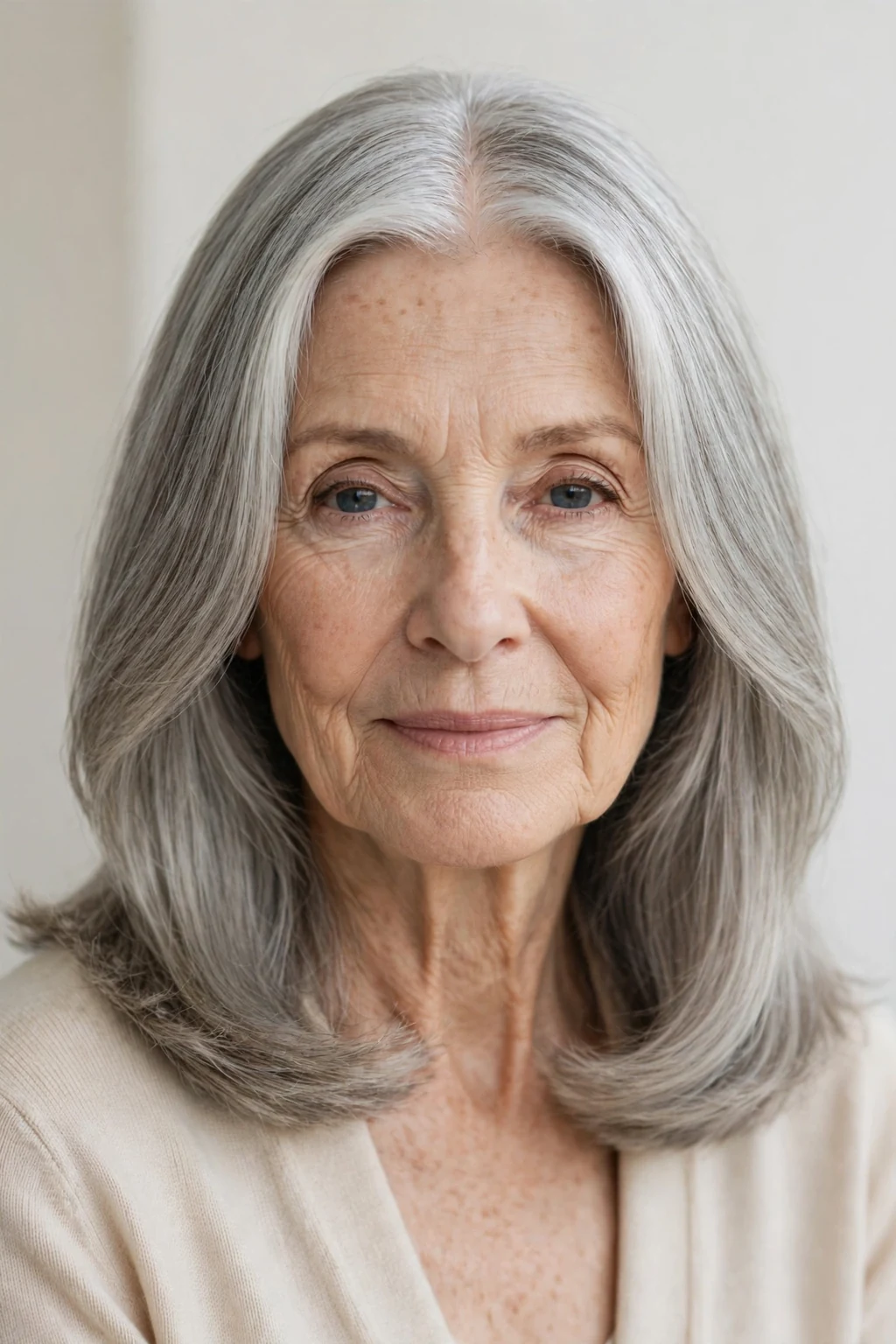 Elegant woman over 70 with center-part shoulder-length style, symmetrical flowing hair, serene light.