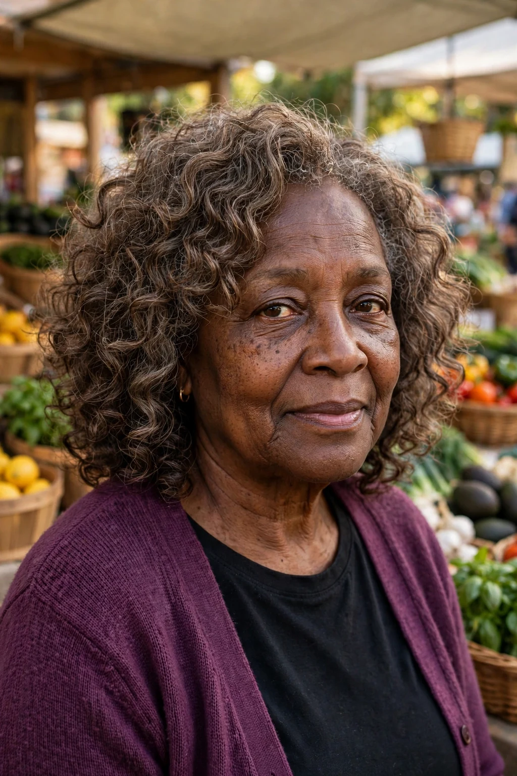 A woman in her early 70s with shoulder-length curly layers in gray-brown curls, wearing a plum cardigan in a farmers market.