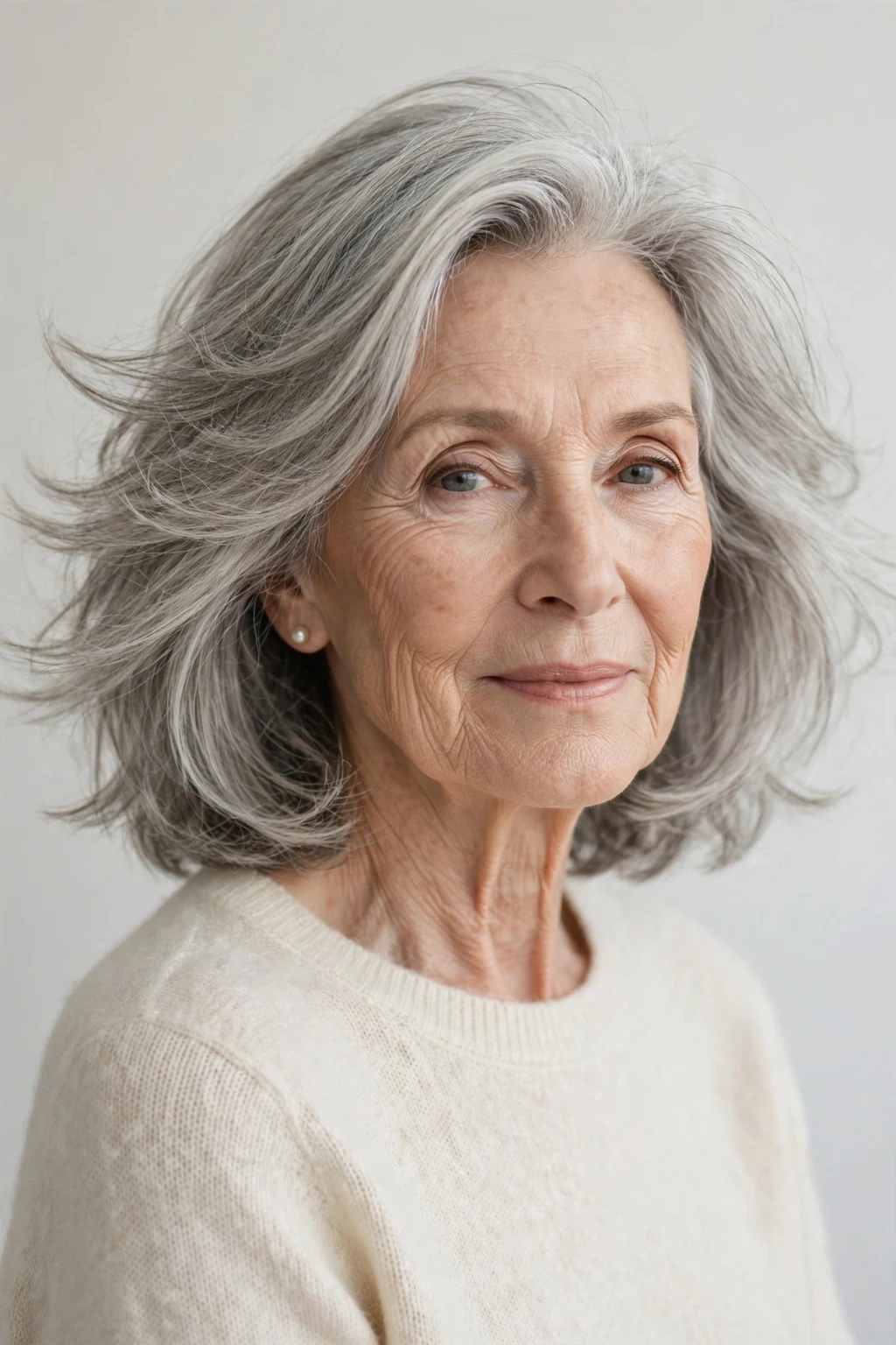 Elegant woman over 70 with shoulder-length feathered layers, soft airy movement, delicate light.