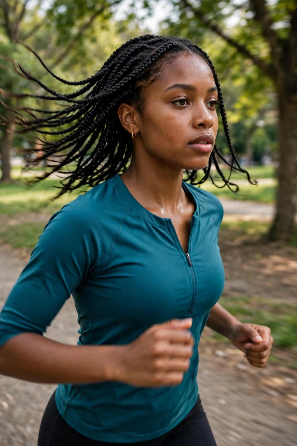 Young woman with shoulder-length knotless braids, jogging in a park wearing a teal athletic top.