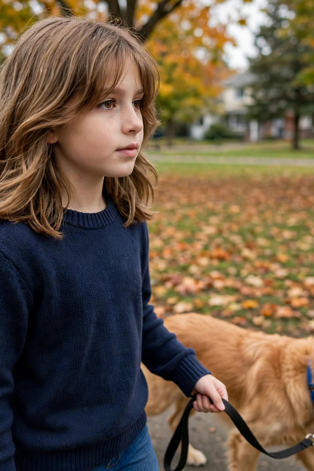 A young girl with shoulder-length layered hair and soft curtain bangs, walking a dog in an autumn park.