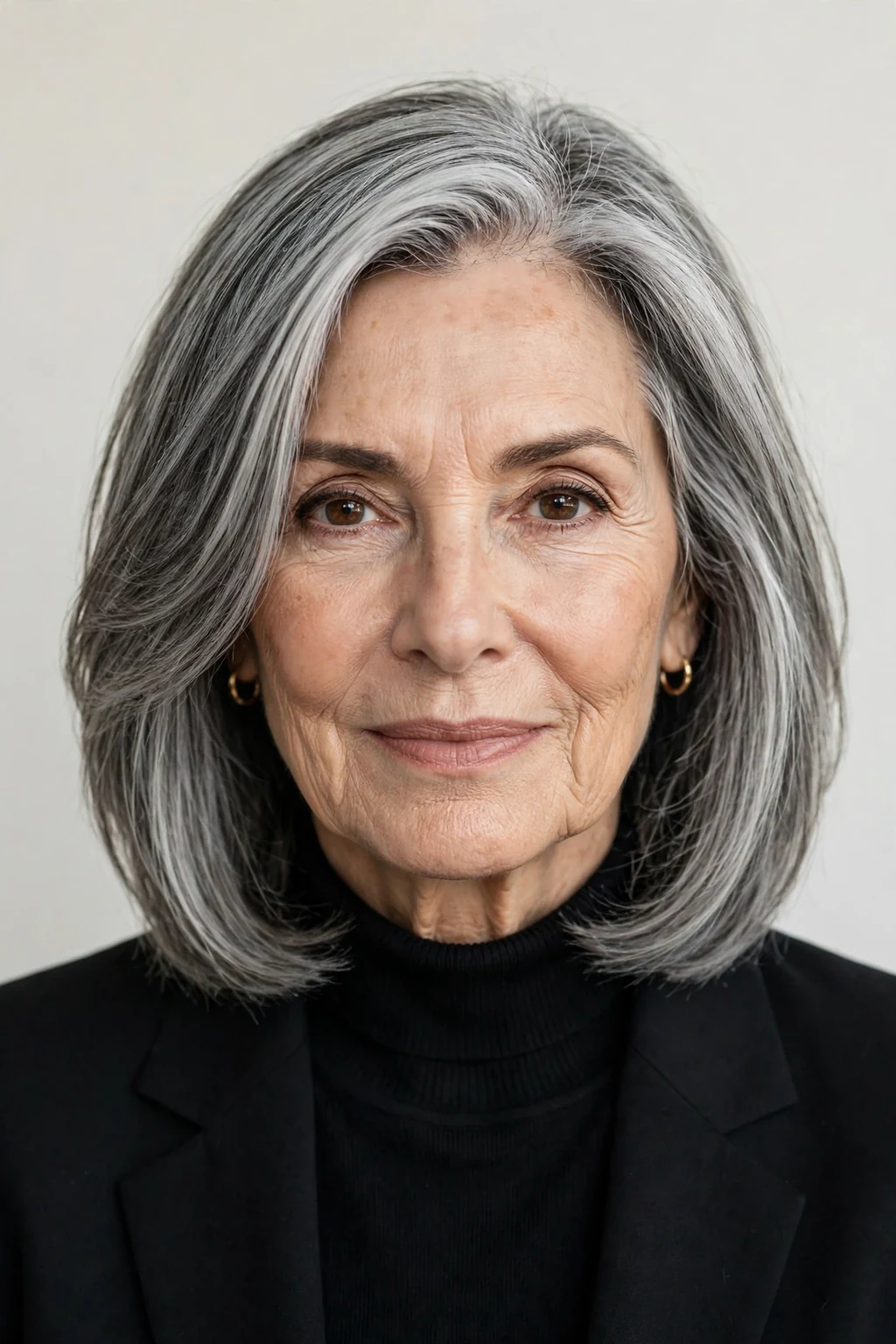 Elegant woman over 70 with shoulder-length lob, modern chic cut, confident light.