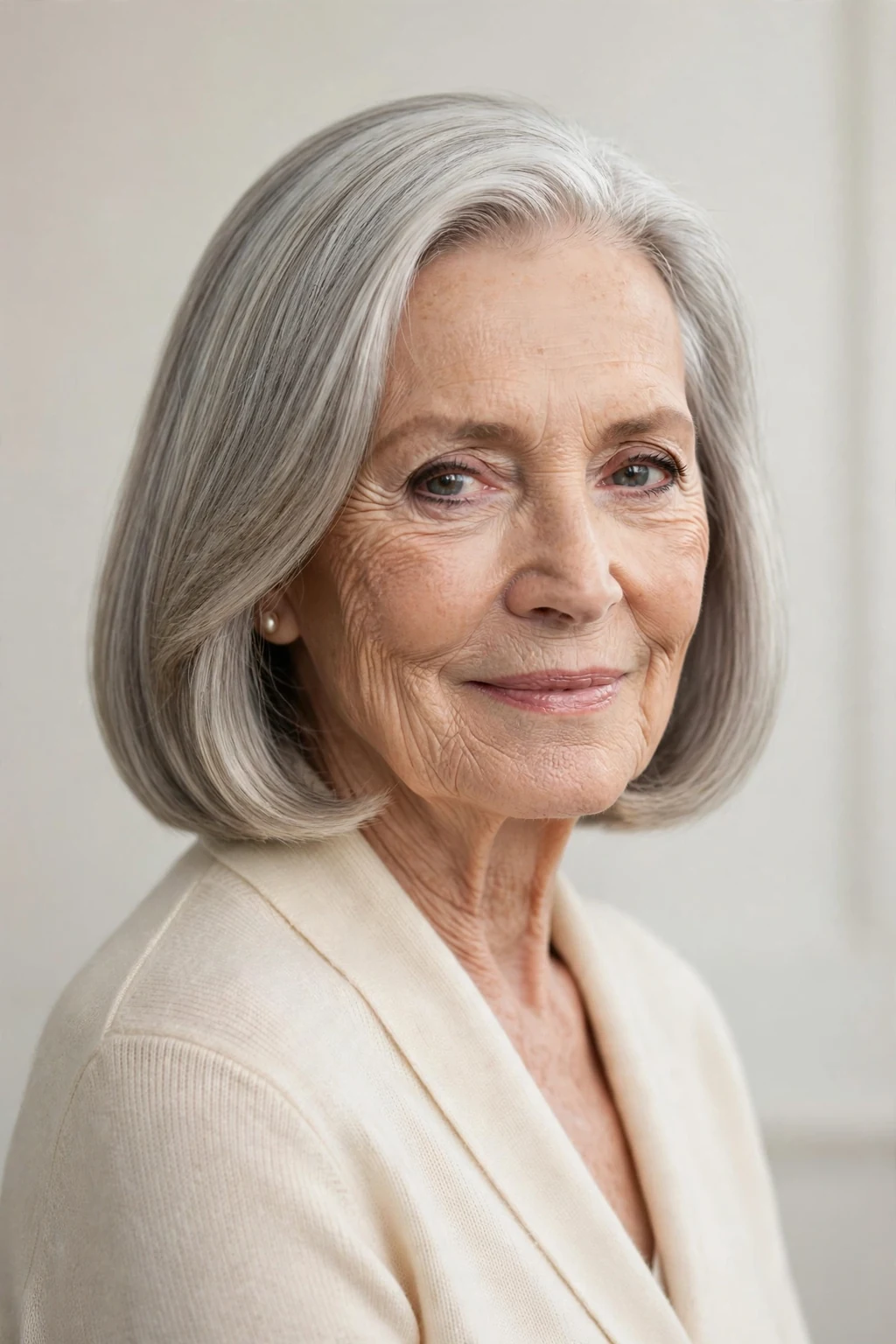 Elegant woman over 70 with shoulder-length polished cut, flawless smooth style, refined light.
