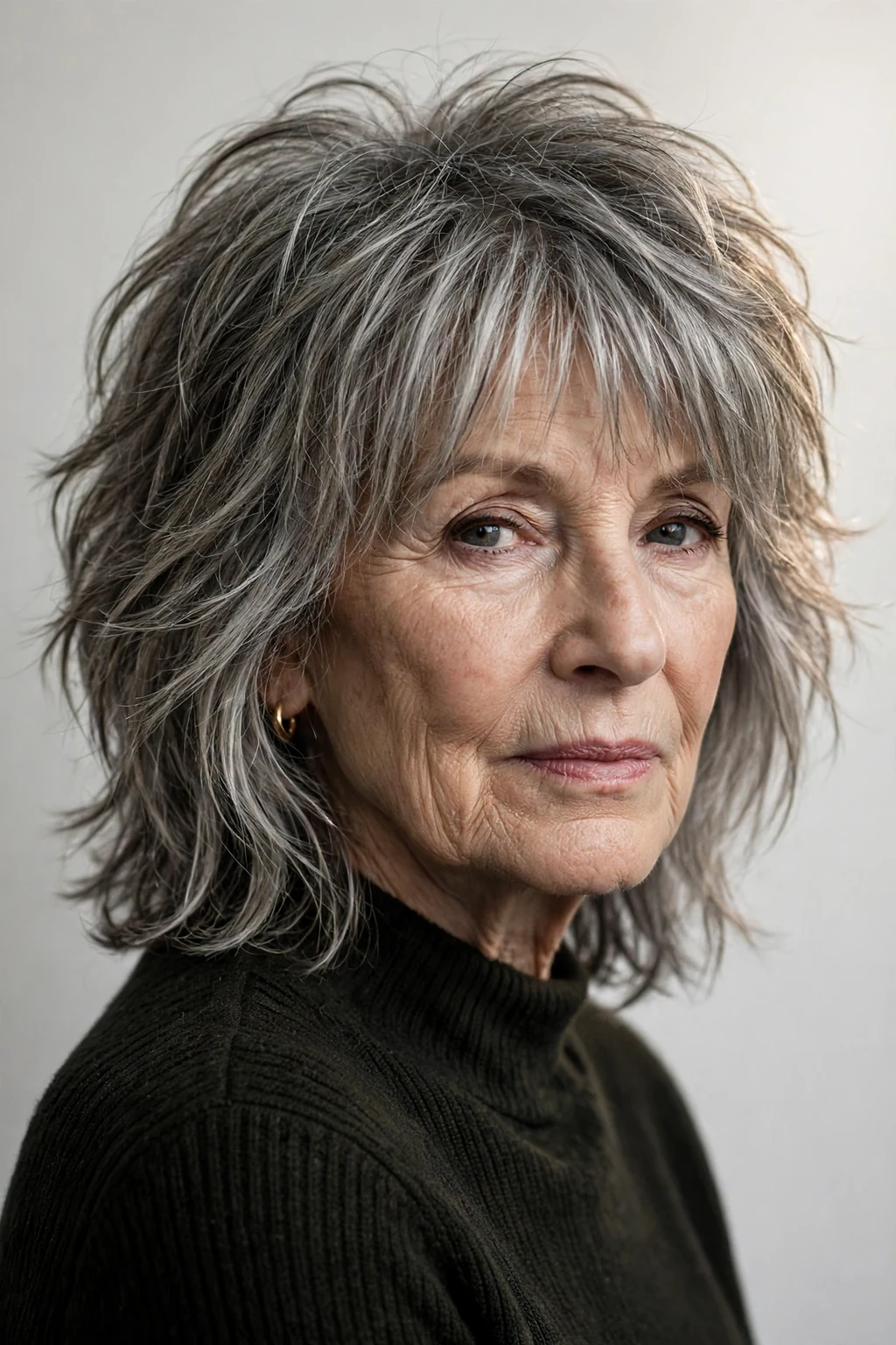 Elegant woman over 70 with shoulder-length shag, textured lived-in layers, edgy soft light.