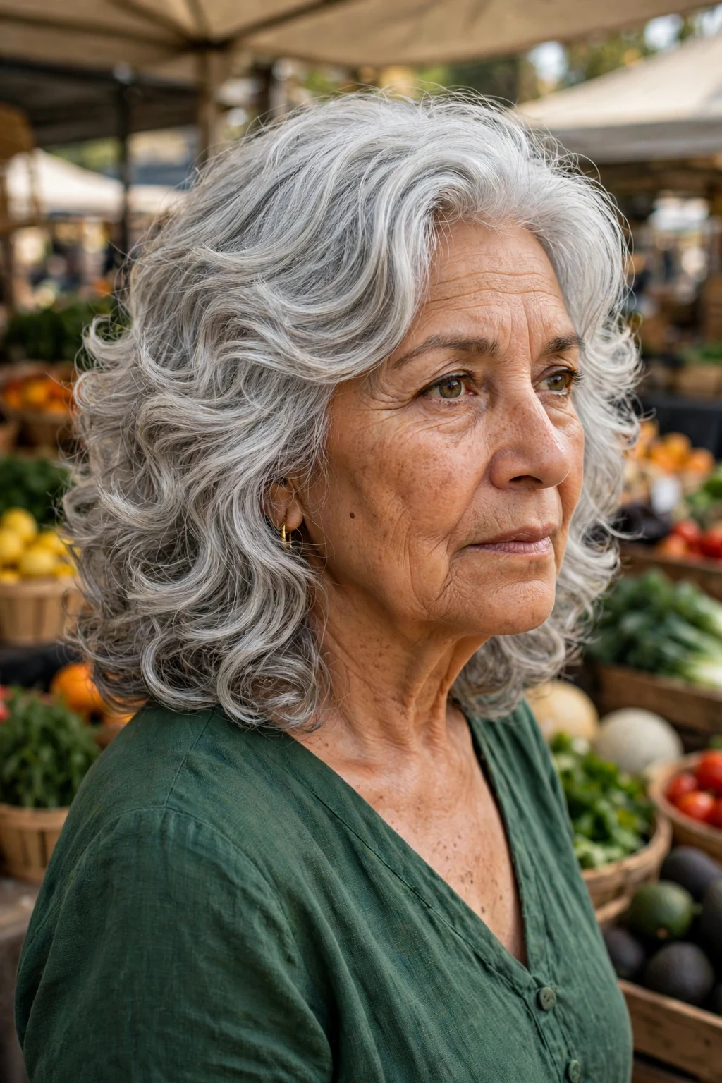 A woman in her late 60s with shoulder-length silver curls, wearing a forest-green dress at a farmers market.