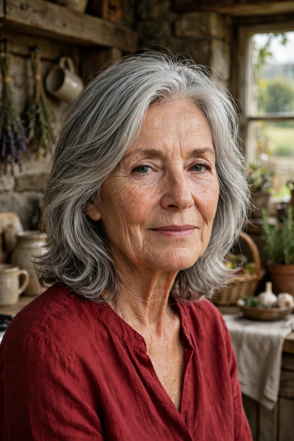 Refined woman over seventy with shoulder-length silver layered hair.