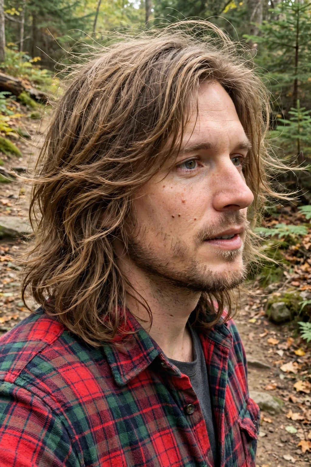 Man with shoulder-length thick layered hair, standing on a forest trail in a plaid flannel shirt.