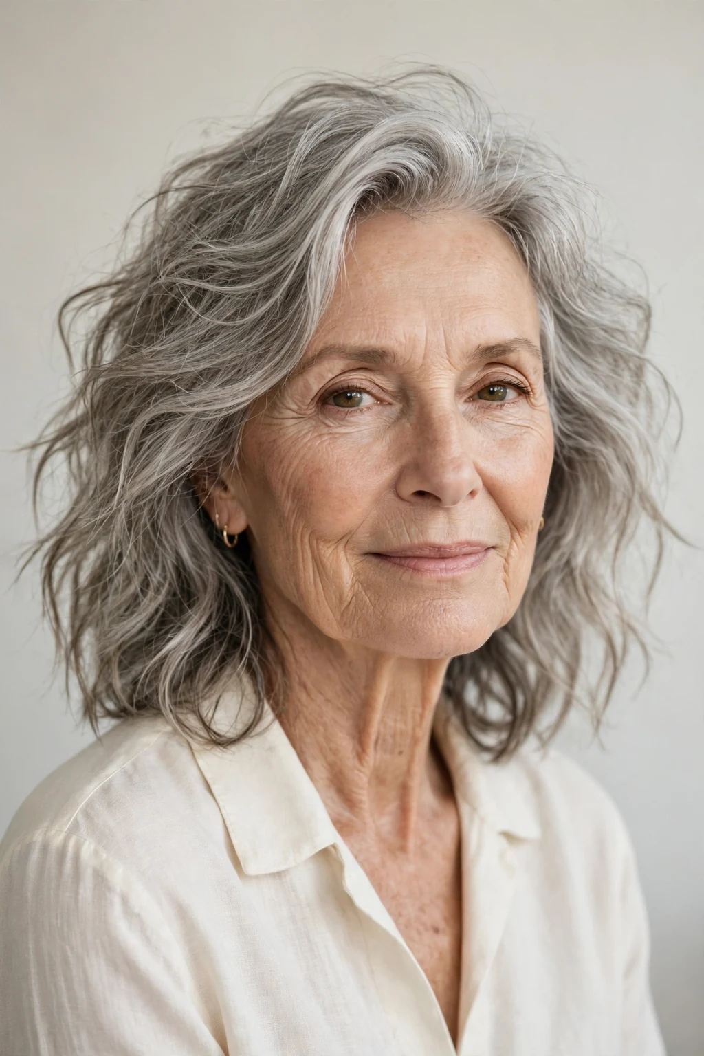 Elegant woman over 70 with shoulder-length tousled waves, carefree flowing texture, relaxed light.